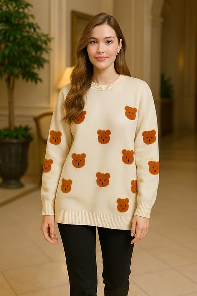 ASEZ BUTİK Women's Oversize Teddy Bear Patterned Knitwear Sweater – Cream