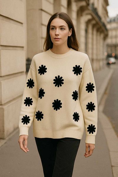 ASEZ BUTİK Women's Oversize Black Floral Patterned Knitwear Sweater – Cream