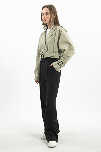 Hatun Atila Oversize Short Double Breasted Trench Coat with Belt - Fat Green