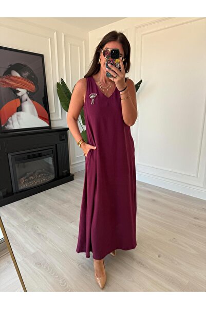 begum mayda Yakası Taş İşlemeli , V Yaka , Mürdüm Elbise