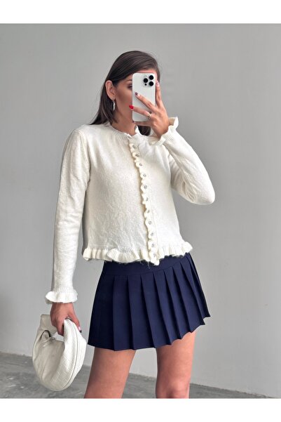 Lorenzo Women's Ruffle Detailed Soft Textured Knitwear Cardigan