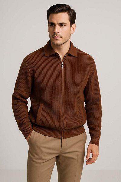 Valiberta Copolla Thessaloniki Knitted Polo Collar Pocket Zippered Comfortable Fit Men's Knitwear Cardigan - Brown
