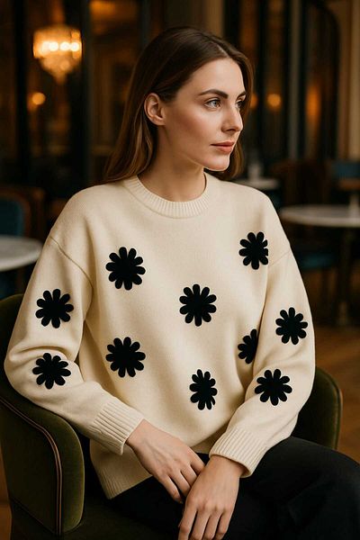 ASEZ BUTİK Women's Oversize Black Floral Patterned Knitwear Sweater – Cream