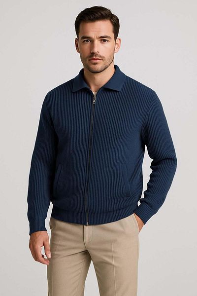 Valiberta Copolla Thessaloniki Knitted Polo Collar Pocket Zippered Comfortable Fit Men's Knitwear Cardigan - Indigo