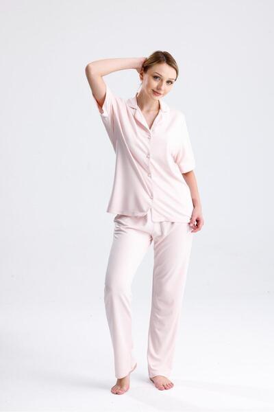 Espuar Classic Women's Shirt Collar Short Sleeve Buttoned Combed Cotton Pajama Set
