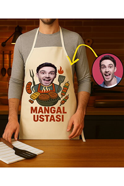 Hediye Molası Kişiye Özel Karikatür Fotoğraflı ve İsimli Mutfak Önlüğü Mangal Ustası