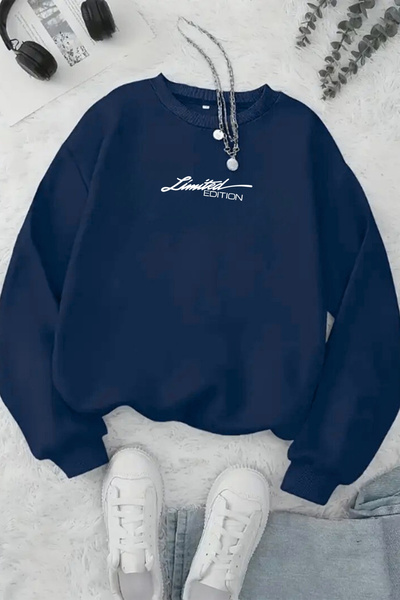 Sweetline Unisex Navy Blue Limited Edition Printed Crew Neck Sweatshirt - Winter Embossed Fabric