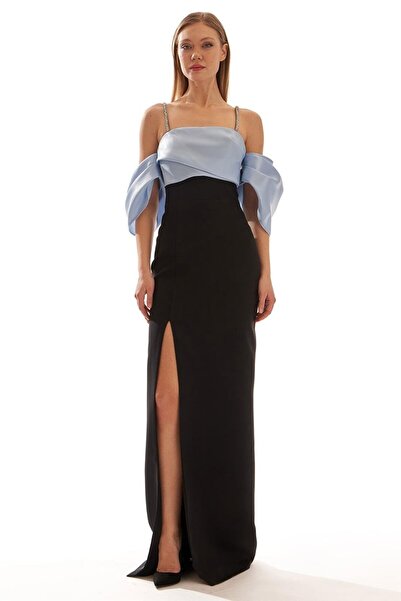 Elbisemhazır Düşük Kol Drapeli Taş Askılı Yırtmaçlı Kadın Abiye Elbise