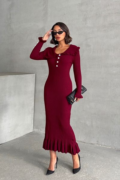 Lusin Women's Burgundy Sleeve Button and Ruffle Detail Stylish Long Knitwear Dress (New Color)