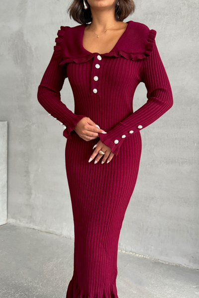 Lusin Kadın Bordo Kol Düğme ve Fırfır Detaylı Şık Uzun Triko Elbise (Yeni Renk)