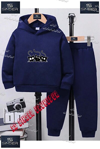 SS SİNSER Children's Unisex "Kara 3Lu Cat" Special Printed Hooded Tracksuit Set