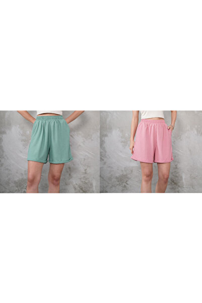 HG MODA Γυναικείο σορτς ψηλόμεσο 2 Πακέτο Ροζ - Πράσινο