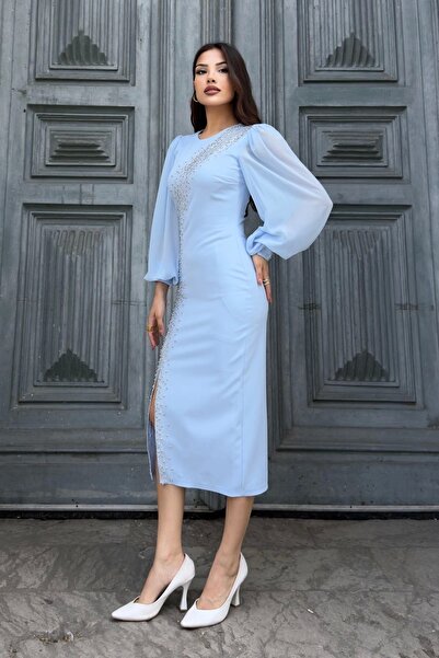 lodmela Rochie de seară cu decolteu cu detalii de piatră și perle 2204-Baby Blue