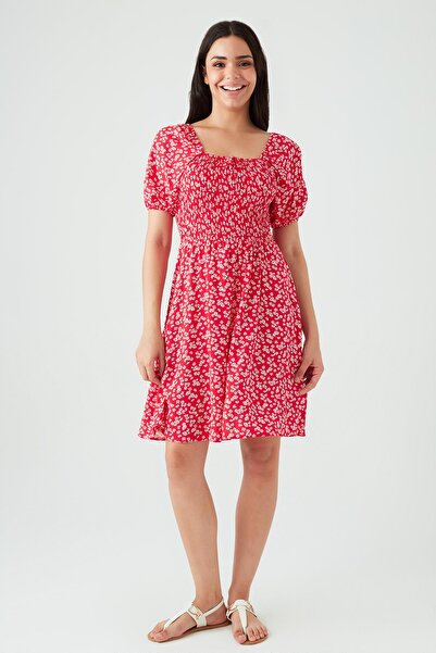 Select Moda Women's Red Floral Print Square Neck Short Sleeve Dress