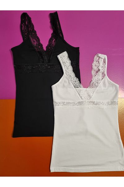 Demirsa Boutique Modal Fabric Lace Strap V-Neck Black and White Color 2-Piece Women's Tank Top