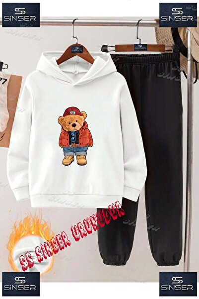 SS SİNSER Children's Unisex "Bear in Red Coat" Special Printed Hooded Tracksu...