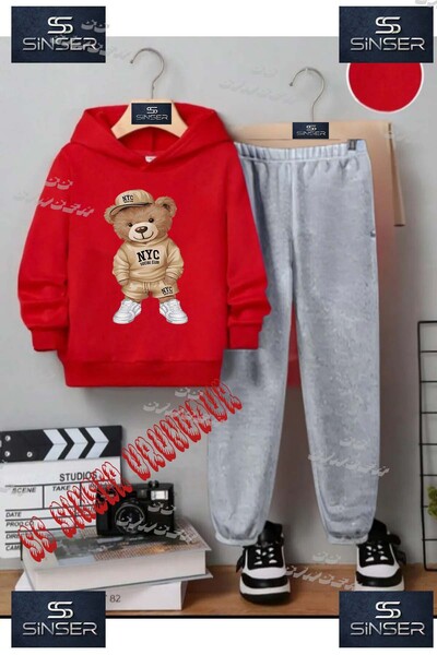 SS SİNSER Children's Unisex "Bear in Nyc Dress" Special Printed Hooded Tracks...
