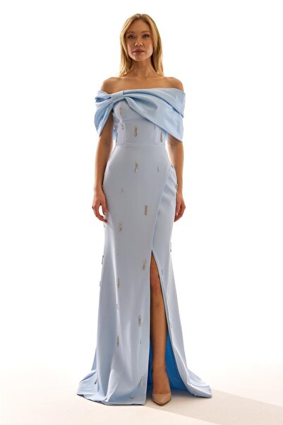 Elbisemhazır Off-Shoulder Drapeli Taş İşlemeli Yırtmaçlı Kadın Abiye Elbise