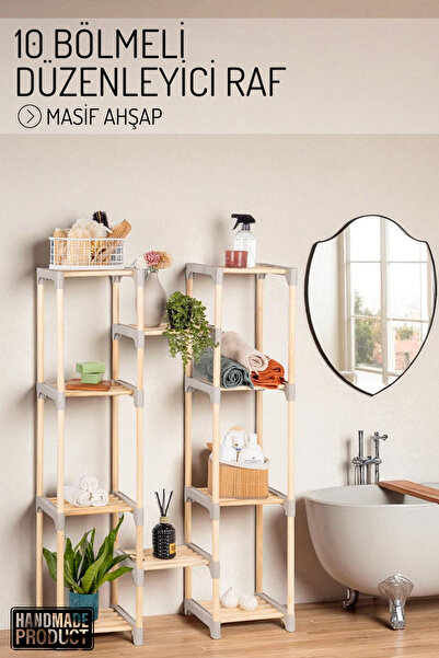 Nandy Home 10 Bölmeli Masif Ahşap Düzenleyici Raf – Çok Katlı Depolama ve Organizer Ünitesi