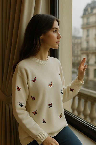 ASEZ BUTİK Women's Oversize Butterfly Patterned Knitwear Sweater – Cream