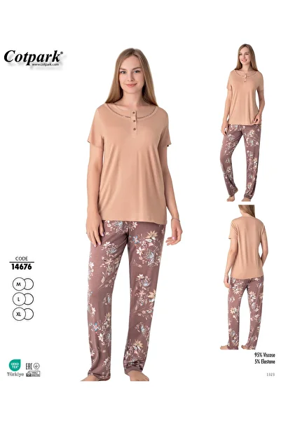 Cotpark Women's Viscose Elastane Fabric Short Sleeve Pajamas Set 14676