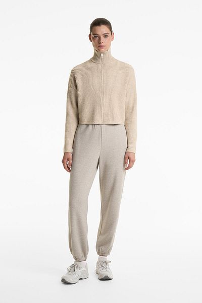 Oysho Cropped rib knit jacket with high collar
