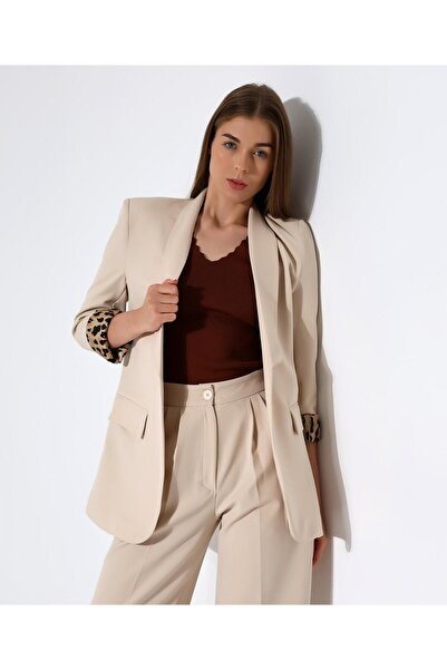 PEMAA Leopar astar detaylı oversize kalıp uzun blazer ceket