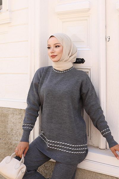 Modamihram Stripe Detailed Knitwear Suit Gray 6151