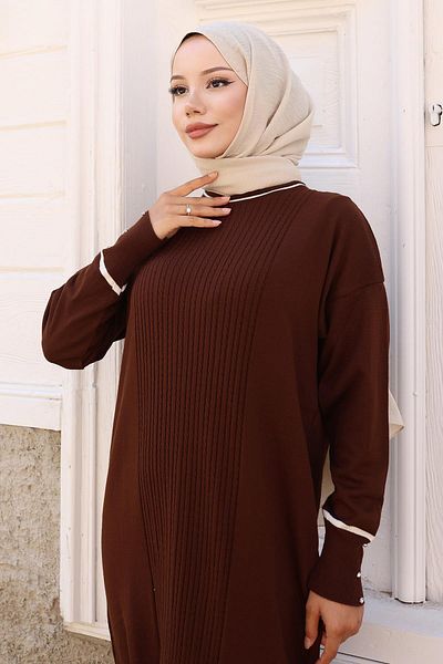 Modamihram Cuff Stone Detailed Knitwear Dress Brown 6150