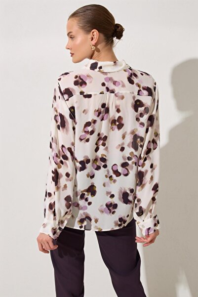 Setre Ecru-Lilac Patterned Long Sleeve Relaxed Fit Shirt