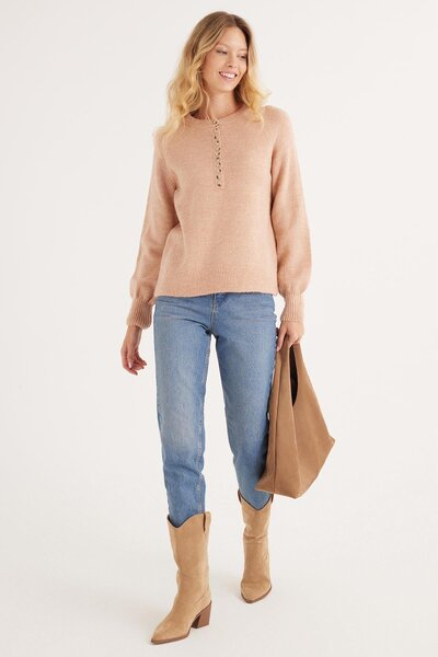 Tudors Women's Oversize Wide Cut Button Collar Powder Sweater