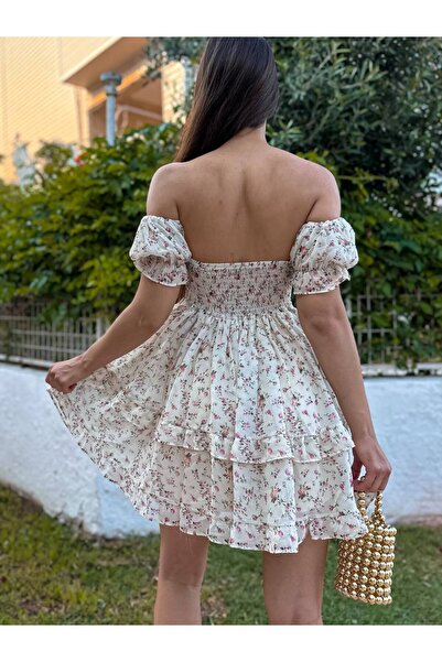 MY DEPO Women's Chest Gloplu Halter Neck Floral Print Chiffon Mini Dress