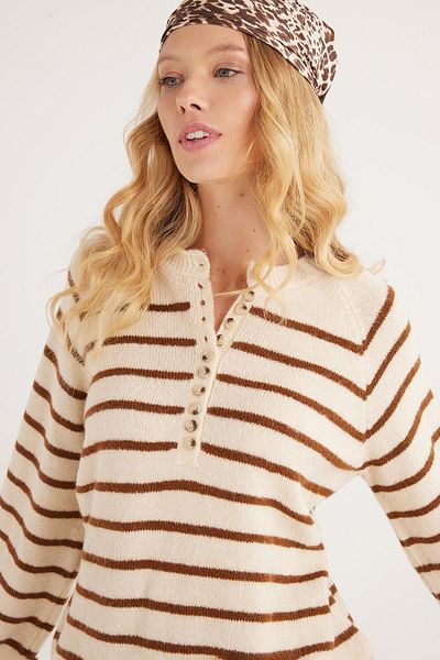 Tudors Women's Regular Fit Classic Cut Button Collar Brown Striped Sweater