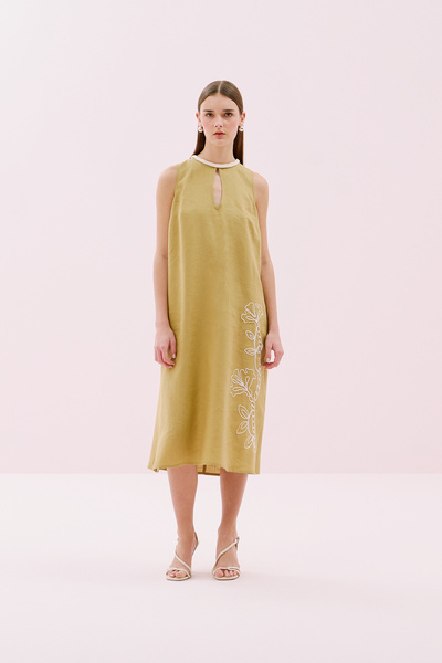 Roman Örgü Bağcıklı Nakışlı Midi Boy Kolsuz Keten Elbise Olive Y2511018_027