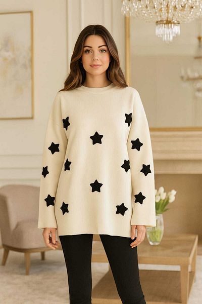 ASEZ BUTİK Women's Oversize Star Patterned Knitwear Sweater – Cream/Black