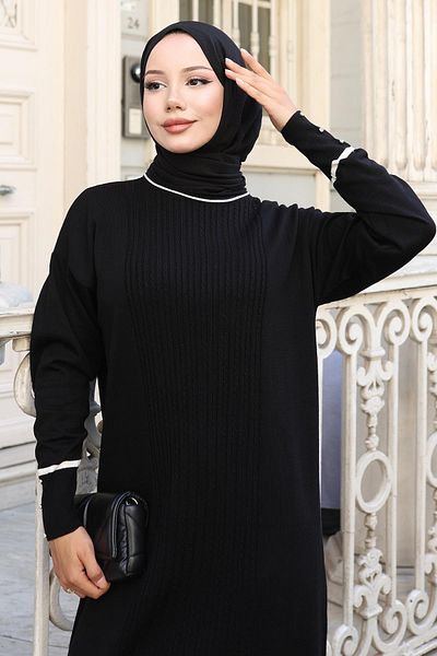 Modamihram Cuff Stone Detailed Knitwear Dress Black 6150