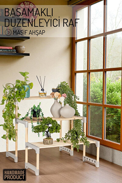 Nandy Home Basamaklı Masif Ahşap Düzenleyici Raf – Dekoratif Çok Katlı Organizer