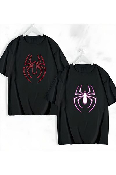 Lario Women Men Unisex Spider Printed Lover Couple Combination Oversize Colorful T-shirt