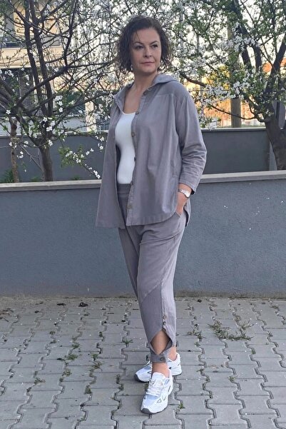 Mia Butik Women's Gray Design Sports Linen Suit