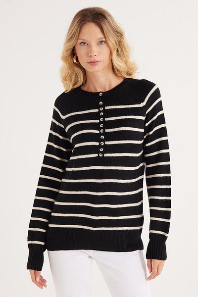 Tudors Women's Regular Fit Classic Cut Button Collar White Striped Sweater