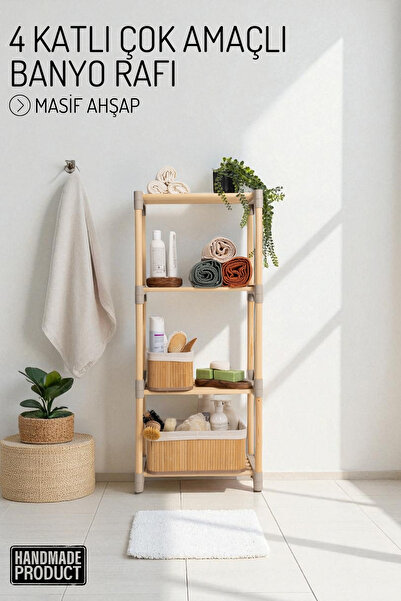 Nandy Home 4 Katlı Banyo Düzenleyici Raf, Masif Ahşap, Çok Amaçlı Düzenleyici