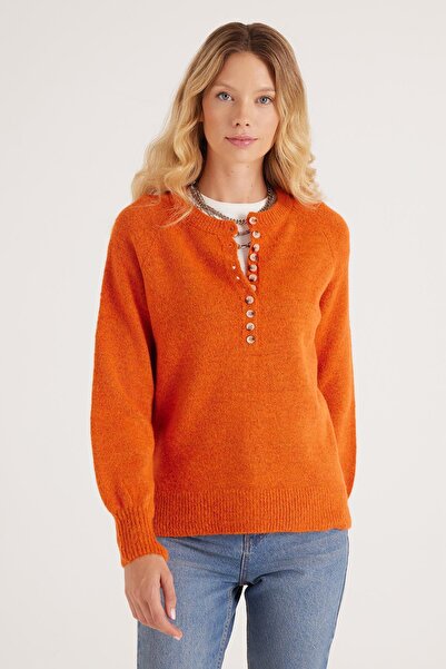 Tudors Kadın Oversize Geniş Kesim Düğmeli Yaka Kiremit Kazak