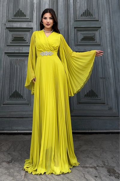 lodmela Double Breasted Collar Bat Sleeve Pleated Evening Dress 2235-Olive