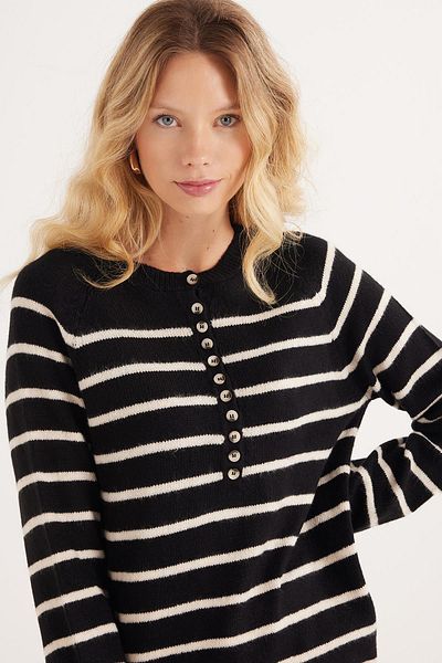 Tudors Women's Regular Fit Classic Cut Button Collar White Striped Sweater