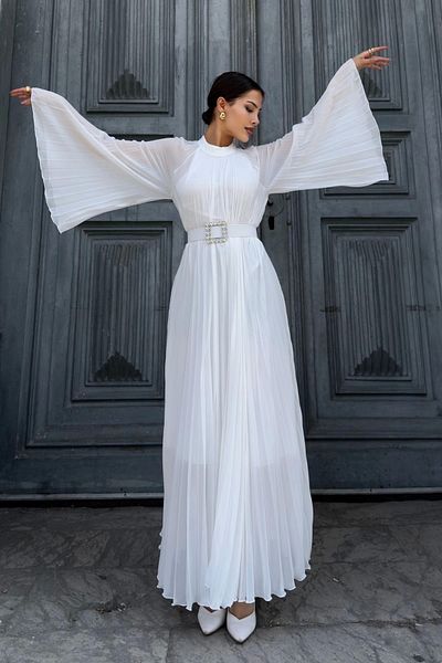 lodmela Pleated Detailed Belted Comfortable Formal Evening Dress 2183-White