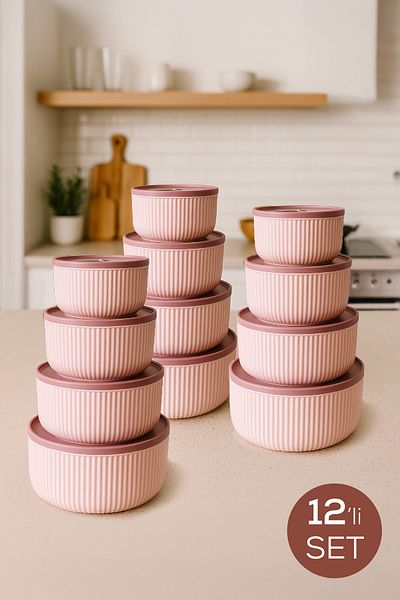 Vienev Set of 12 Striped Round Storage Containers Pink