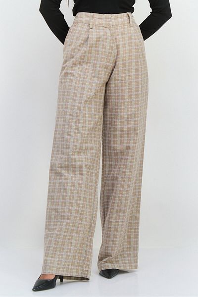 Motel Women Wide Leg Plaid Palazzo Pants, Taupe