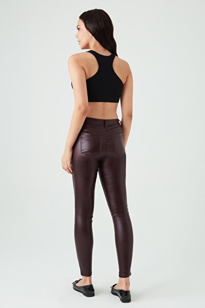 Select Moda Women's Burgundy Leather Look High Waist Skinny Pants