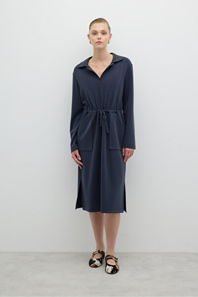 Roman Polo Yaka Yanları Yırtmaçlı Elbise Lacivert K2621001_015