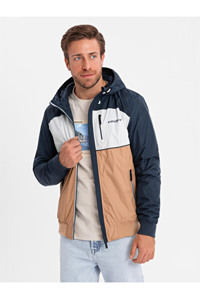 OMBRE Leichte bunte Herren Sportjacke mit Fleece - Braun und Marineblau V1 OM...